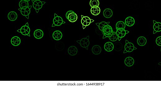 Dark Green vector backdrop with mystery symbols. Colorful vintage illustration with gradient alchemy shapes. Best design halloween events.