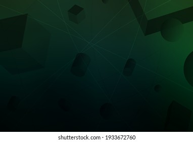 Dark Green vector background with 3D cubes, cylinders, spheres, rectangles. Abstract illustration with gradient 3D forms. Modern template for landing page.