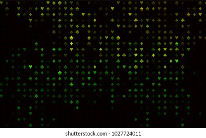 Dark Green vector background with cards signs. Blurred decorative design of hearts, spades, clubs, diamonds. Template for business cards of casinos.
