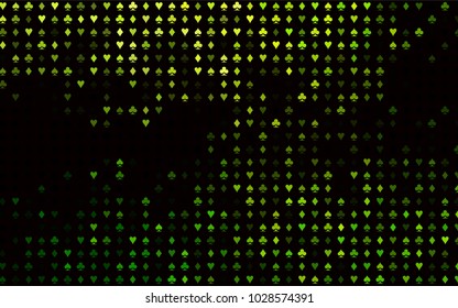Dark Green vector background with cards signs. Colored illustration with hearts, spades, clubs, diamonds. Pattern for ads of parties, events in Vegas.
