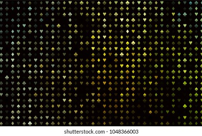 Dark Green vector background with cards signs. Shining illustration with hearts, spades, clubs, diamonds. Pattern for leaflets of poker games, events.