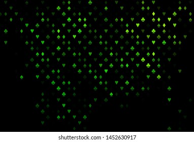 Dark Green vector background with cards signs. Shining illustration with hearts, spades, clubs, diamonds. Pattern for ads of parties, events in Vegas.