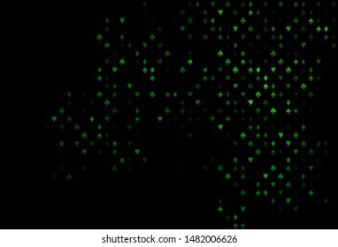 Dark Green vector background with cards signs. Blurred decorative design of hearts, spades, clubs, diamonds. Design for ad, poster, banner of gambling websites.
