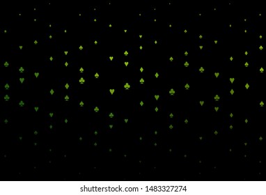 Dark Green vector background with cards signs. Colorful gradient with signs of hearts, spades, clubs, diamonds. Smart design for your business advert of casinos.
