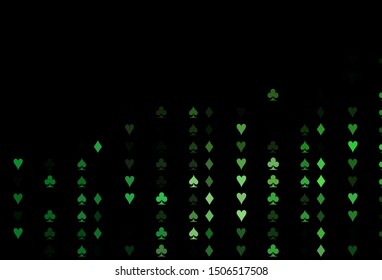 Dark Green vector background with cards signs. Glitter abstract sketch with isolated symbols of playing cards. Pattern for leaflets of poker games, events.