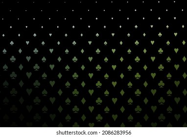 Dark green vector background with cards signs. Shining illustration with hearts, spades, clubs, diamonds. Template for business cards of casinos.