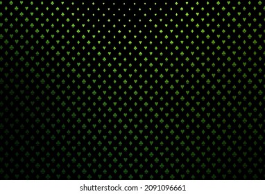 Fondo vectorial verde oscuro con signos de tarjetas. Ilustración brillante con corazones, espadas, palos, diamantes. Patrón de folletos, volantes de casas de juego.