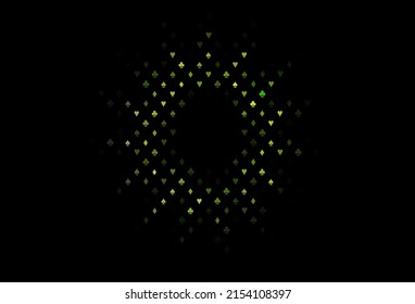 Dark green vector background with cards signs. Glitter abstract sketch with isolated symbols of playing cards. Design for ad, poster, banner of gambling websites.