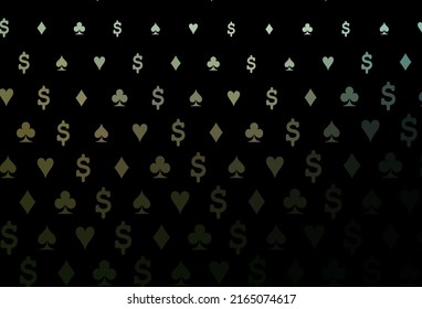 Dark green vector background with cards signs. Colored illustration with hearts, spades, clubs, diamonds. Pattern for booklets, leaflets of gambling houses.