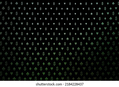 Dark green vector background with cards signs. Colorful gradient with signs of hearts, spades, clubs, diamonds. Smart design for your business advert of casinos.