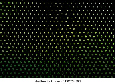 Dark green vector background with cards signs. Colored illustration with hearts, spades, clubs, diamonds. Pattern for ads of parties, events in Vegas.