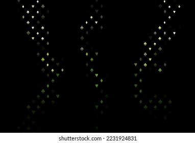 Fondo vectorial verde oscuro con signos de tarjetas. Ilustración con un conjunto de corazones, espadas, palos, diamantes. Plantilla para tarjetas de visita de casinos.