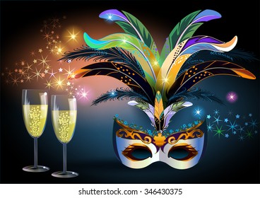 The dark green vector background with Carnival Venetian silver mask decorated with blue and orange feathers and golden pattern. On the left is two glass of champagne.