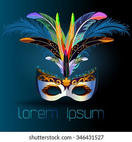 The dark green vector background with Carnival Venetian silver mask decorated with blue and orange feathers and golden pattern. On the left is two glass of champagne.