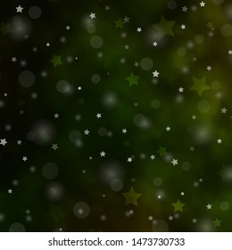Dark Green vector background with circles, stars. Illustration with set of colorful abstract spheres, stars. Pattern for trendy fabric, wallpapers.