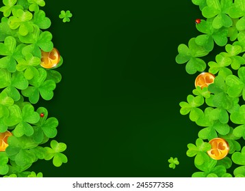 Dark green vector background with clovers, golden coins and ladybugs