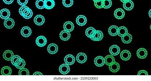 Dunkelgrüner Vektorhintergrund mit covid-19 Symbolen. Abstrakte Illustration mit biologischen Farbverlauf-Formen. Bildschirmhintergrund für den Gesundheitsschutz.