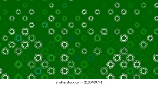 Dark green vector background with covid-19 symbols. Abstract illustration with biological gradient shapes. Simple drawing against danger fever.