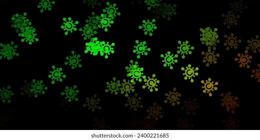 Dark green vector background with covid-19 symbols. Abstract illustration with biological gradient shapes. Wallpaper for health protection.