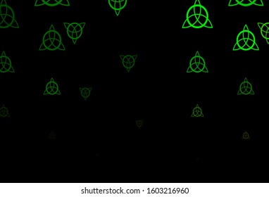 Dark Green vector background with occult symbols. Colorful vintage illustration with gradient alchemy shapes. Background for esoteric, mystic designs.