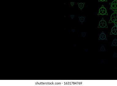 Dark Green vector background with occult symbols. Colorful vintage illustration with gradient alchemy shapes. Background for esoteric, mystic designs.