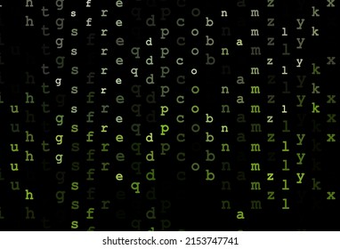 Dunkelgrüner Vektorhintergrund mit Zeichen des Alphabets. Farbige Illustration mit einzelnen Buchstaben. Das Muster kann als Werbung, Poster, Banner für Bücher verwendet werden.