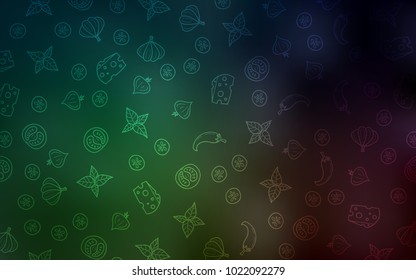 Dark Green vector background with tasty food. Fast Food on blurred abstract background with colorful gradient. Pattern for menu of cafes, bars, restaurants.