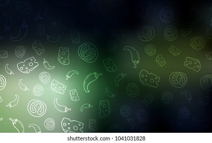 Dark Green vector background with tasty food. Blurred decorative design of snacks in doodle style. Pattern for ads of breakfast, lunch, dinner.
