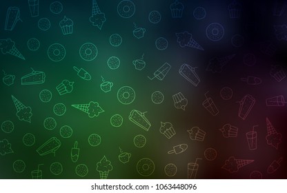 Dark Green vector background with tasty sweets. Glitter abstract sketch with sweets, candies, desserts. Pattern for ad, booklets, leaflets of restaurants.