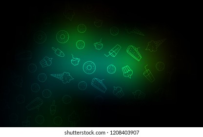 Dark Green vector background with tasty sweets. Confections on blurred abstract background with colorful gradient. Template of children's food in cafe.