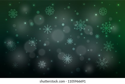 Dark Green vector background with xmas snowflakes. Decorative shining illustration with snow on abstract template. New year design for your business advert.