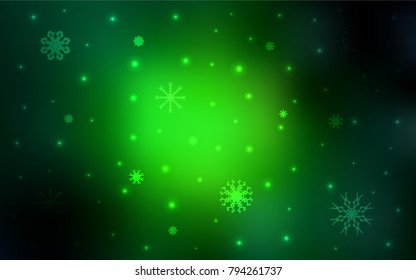 Dark Green vector background with xmas snowflakes. Snow on blurred abstract background with gradient. The pattern can be used for new year leaflets.