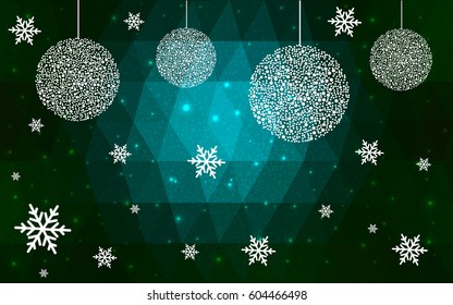Dark Green vector christmas polygon background. Low poly Illustration consisting of triangles with snowflakes. Texture, seamless background of New Year celebration.