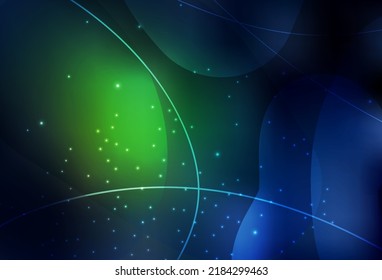Dunkelgrüne Vektorkreise, Linien mit buntem Farbverlauf auf abstraktem Hintergrund. Glitzere abstrakte Illustration mit unscharfem Regen. Modernes Design für eine Visitenkarte.