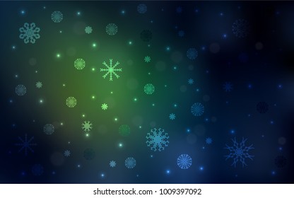 Dark Green vector cover with beautiful snowflakes. Decorative shining illustration with snow on abstract template. The pattern can be used for year new  websites.