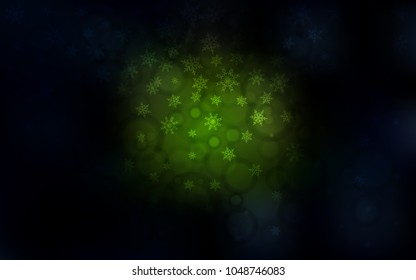 Dark Green vector cover with beautiful snowflakes. Snow on blurred abstract background with gradient. The pattern can be used for new year ad, booklets.