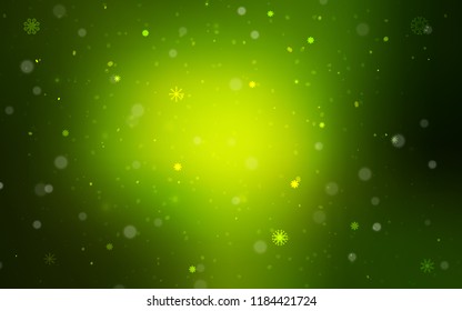 Dark Green vector cover with beautiful snowflakes. Snow on blurred abstract background with gradient. The pattern can be used for new year ad, booklets.