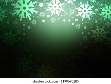 Dark Green vector cover with beautiful snowflakes. Snow on blurred abstract background with gradient. The pattern can be used for new year leaflets.