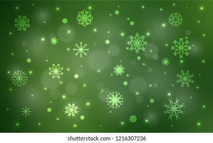 Dark Green vector cover with beautiful snowflakes. Glitter abstract illustration with crystals of ice. New year design for your ad, poster, banner.