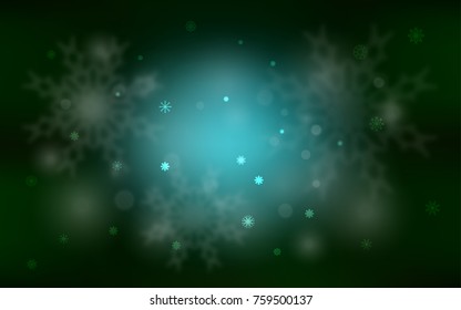 Dark Green vector cover with beautiful snowflakes. Snow on blurred abstract background with gradient. The pattern can be used for new year ad, booklets.