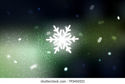 Dark Green vector cover with beautiful snowflakes. Snow on blurred abstract background with gradient. The pattern can be used for new year leaflets.