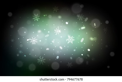 Dark Green vector cover with beautiful snowflakes. Blurred decorative design in xmas style with snow. New year design for your business advert.
