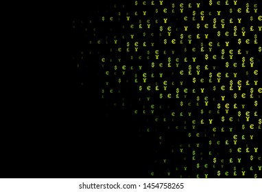 Dark Green vector cover with EUR, JPY, GBP signs. Blurred design in with symbols of EUR, JPY, GBP. Best design for your ad, poster, banner of money.