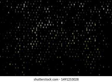 Dark Green vector cover with EUR, JPY, GBP signs. Colored symbols of all currency on white background. Template for ads of markets, loans.