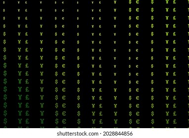 Cobertura vectorial verde oscuro con EUR, USD, GBP, JPY. Ilustración de colores brillantes con signos de dólar, USD, ee.uu. Plantilla para anuncios de mercados, préstamos.