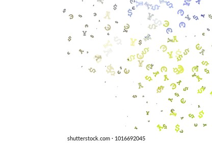 Dark Green vector cover with Euro, Dollar, Yen signs. Blurred design in with symbols of EUR, USD, JPY. The pattern can be used as ads, poster, banner for payments.