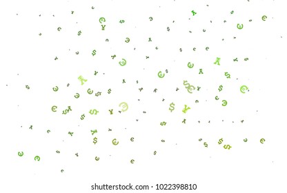 Dark Green vector cover with Euro, Dollar, Yen signs. Blurred design in with symbols of EUR, USD, JPY. The pattern can be used for financial, investment websites.