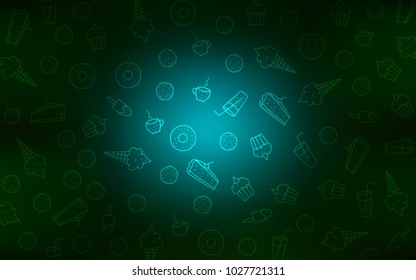 Dark Green vector cover with set of confections. Beautiful colored illustration with candies in doodle style. Doodle design for your business advert of cafes.