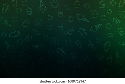 Dark Green vector cover with set of confections. Blurred decorative design of desserts in doodle style. Template of children's food in cafe.