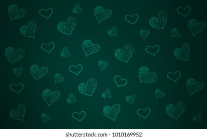 Dark Green vector cover with Shining hearts. Blurred decorative design in doodle style with hearts. Design for ad, poster, banner of Valentine Day.